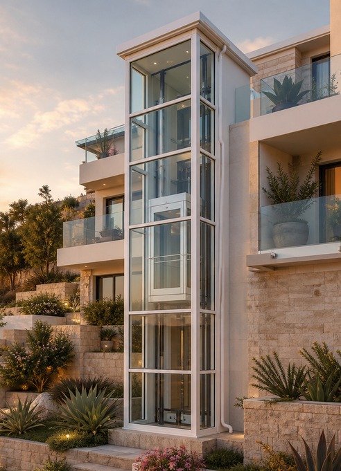 Ascenseur panoramique en façade d'une villa