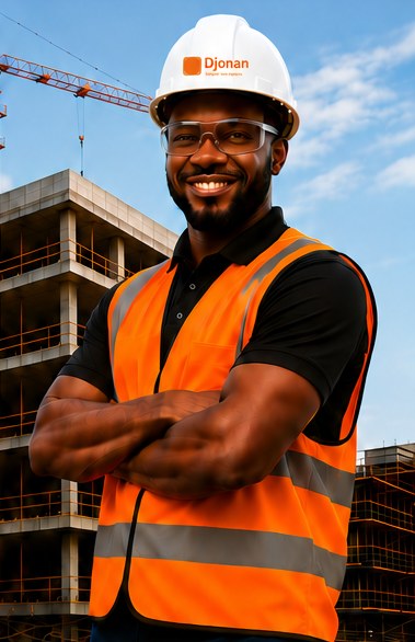 Chef de chantier Djonan en casque et gilet devant un chantier